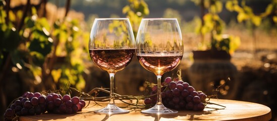 Two wine glasses rest on a wooden table beside a cluster of grapes. The elegant stemware holds a...