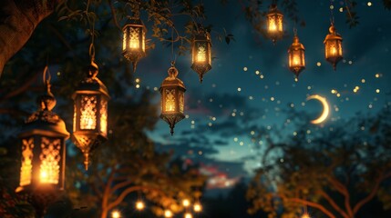 Obraz premium Ramadan night and lanterns, with new crescent and stars in the sky. Ramadan Kareem concept. Islamic lanterns on blue blurred bokeh background. Generative ai