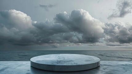 Urban-style concrete podium with a dramatic stormy sky background, for edgy product presentations.