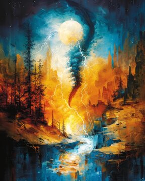 Fantasy Tornado Blazing with Fiery Light Under a Full Moon, Reflective Water, Enchanting Wilderness Scene