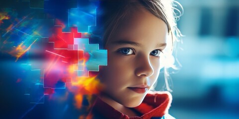 Young Girl and Puzzle Pieces, blue background. World Autism Awareness Day or month concept for April 2. Symbol of awareness for autism spectrum disorder. Generative ai