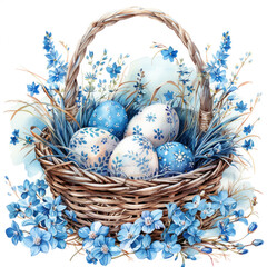 Happy Easter background with eggs in basket, spring flowers and copy space. Greeting card - 755190675
