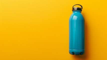 Thermos water bottle with top view. Blue water bottle isolated on yellow background  - obrazy, fototapety, plakaty