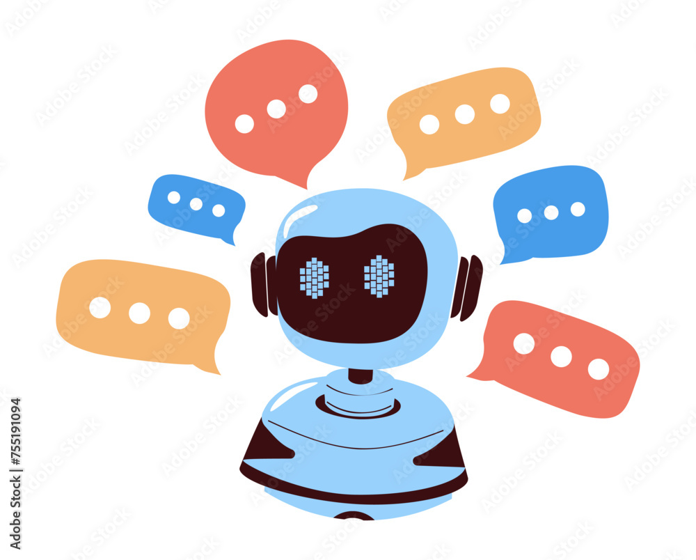 Poster chatbot outline icon features speech bubbles around of robot head, symbolizing automated communicati