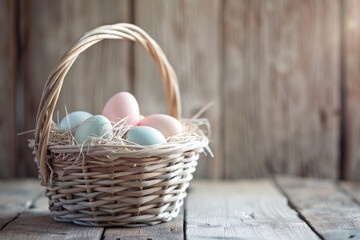 Colorful Easter eggs in basket on wooden desk. Seasonal background for holiday card, vintage style - 755191202