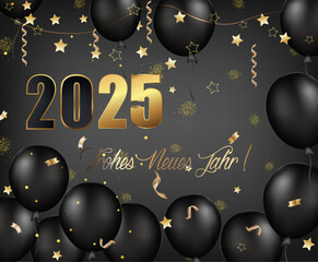 Karte oder Banner, um ein frohes neues Jahr 2025 in Gold und Schwarz zu wünschen, mit schwarzen Luftballons auf einem grauen Hintergrund mit Farbverlauf, Sternen und goldfarbenen Luftschlangen
