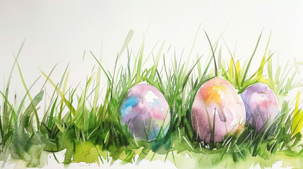 Happy Easter card in light pastel style, watercolor painting with eggs and flowers - 755191274