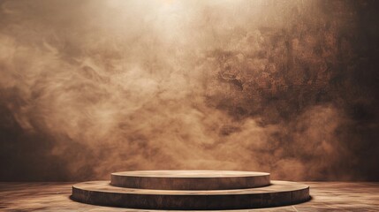 Vintage film-inspired podium with sepia-toned smoke background, ideal for classic camera or photography gear showcases. - obrazy, fototapety, plakaty