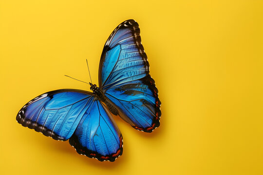 A vibrant blue morpho butterfly sitting against a soft yellow background
