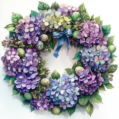 Elegant watercolor wreath with hydrangea flowers and Easter eggs, holiday floral concept - 755191610