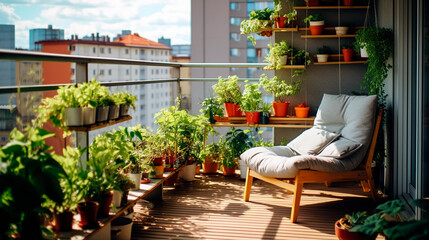 Fototapeta na wymiar Urban balcony organic garden. Vegetable gardening in the city 