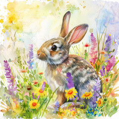Watercolor colorful illustration of cute Easter bunny, seasonal greeting card - 755191663