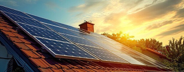 renewable energy concept, power generated by rooftop solar panels on old house roof