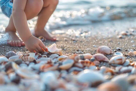 A child collecting seashells and pebbles on a sandy beach with gentle waves.