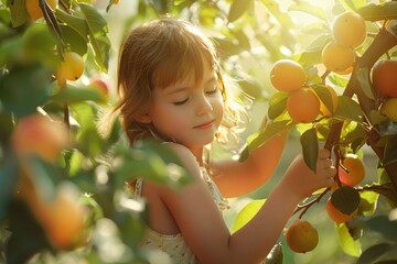 A child picking fresh fruits from a tree in an orchard filled with ripe produce.