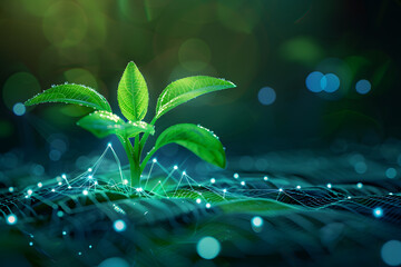 Young plant with digital network connections on soil, concept of growth and technology.