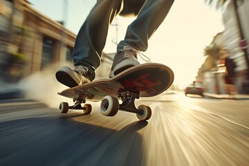Dynamische Aufnahme eines Skateboarders auf den Straßen einer großen Stadt, Action und Geschwindigkeit - obrazy, fototapety, plakaty