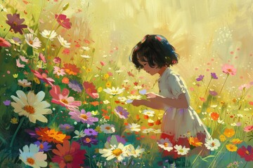 A child picking daisies in a field filled with bright, cheerful flowers.