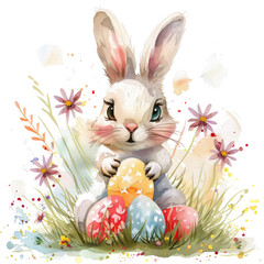 Watercolor illustration of cute Easter bunny isolated on white, seasonal greeting card - 755192061