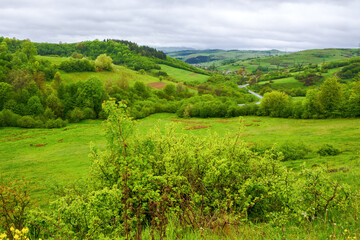 rural valley of ukrainian countryside in spring. green carpathian scenery with grassy meadows and forested hills on a rainy day