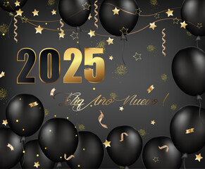 tarjeta o pancarta para desear un feliz año nuevo 2025 en dorado y negro con globos negros sobre un fondo gris degradado con estrellas y serpentinas doradas