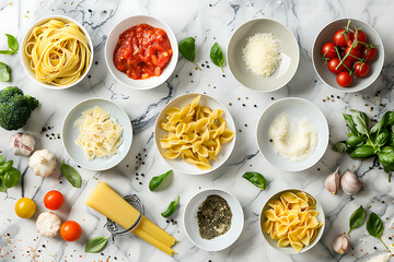 A variety of pasta and vegetables displayed on the table