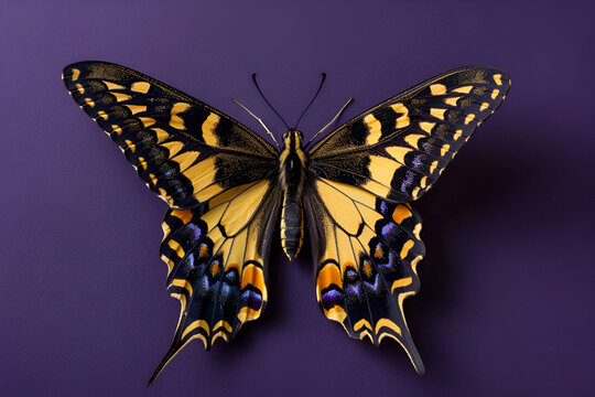 A lone swallowtail butterfly sat against a dark purple background