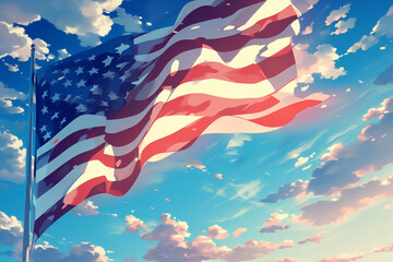 stylized, anime-like depiction of the American flag waving in the wind against a vibrant blue sky with sun rays and fluffy clouds.