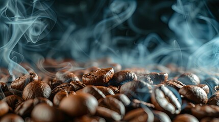 Roasted coffee beans with smoke banner. Background concept - obrazy, fototapety, plakaty