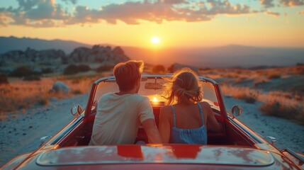 Couple enjoying the sunset in a convertible car by the water