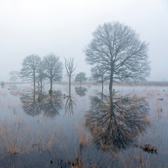 tranquil scene of flooded leersumseveld in dutch province of utrecht in misty morning light near...