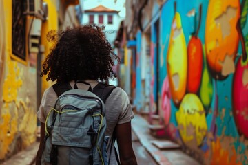 A man wearing a yellow tshirt is strolling down a city alleyway with his travel backpack, enjoying the art and leisure of the narrow road