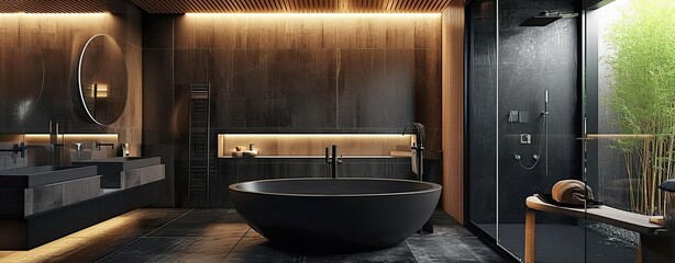 Bathroom luxury interior design with matte black bath and modern shower - obrazy, fototapety, plakaty