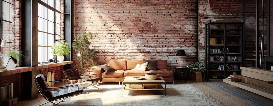 Modern loft apartment with contrasting furniture and old brick wall