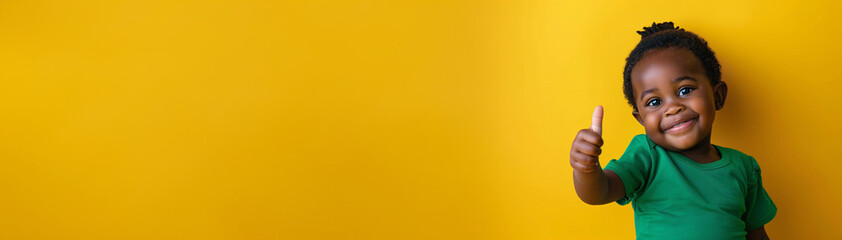 Confident Little Charmer: Adorable Black Toddler in Emerald Green Giving a Thumbs Up on a Bright Yellow Background