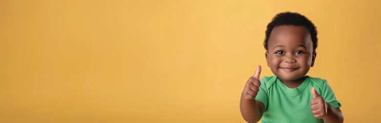 Enchanting Little Cheerleader: Black Toddler with Double Thumbs Up in a Bright Green Shirt on a Goldenrod Yellow Background