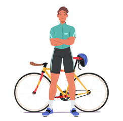 Confident Sportsman Cyclist Character Stands With Arms Crossed, Exuding Determination Beside His Sleek Bike