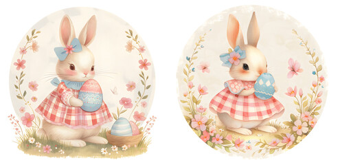 Cute anthropomorphic bunny in dress holds Easter egg isolated on white background. Rabbit in floral wreath in vintage shabby chic style. Happy easter set. Pastel spring children`s book illustration
