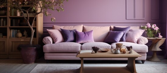 A modern living room interior featuring vibrant purple walls and a cozy beige sofa. The room is elegantly furnished with matching purple furniture, creating a bold and sophisticated atmosphere.