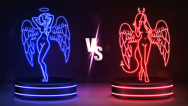 Neon bright silhouettes of sexy devil vs angel women on the catwalks in blue and red on a dark background.