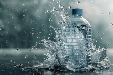 A bottle of liquid is spilling onto a table, creating a splash. The water cascades like a waterfall, creating a refreshing scene in a city landscape - obrazy, fototapety, plakaty