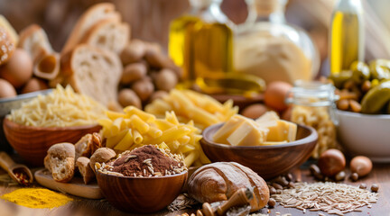A person surrounded by carbohydrates and high-fat foods. Display a variety of carbohydrates and...
