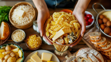 A person surrounded by carbohydrates and high-fat foods. Display a variety of carbohydrates and fats, in the kitchen or dining room. Ingredients such as pasta, bread, rice, potatoes, oils, butter