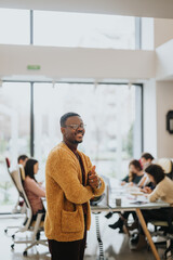 A well-dressed businessman with glasses smiles confidently in an office, team collaboratively...