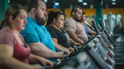 Übergewichtige Menschen im Fitnessstudio, geringe Motivation, Konzept quälen für den Fitnesswahn