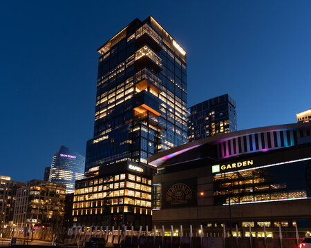 Boston MA, USA - March 8th, 2024 - The TD Garden and surrounding skyscrapers in the Northern end of Boston in the blue hour