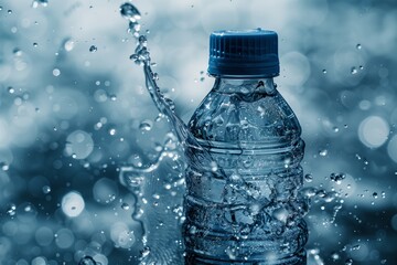 A plastic bottle filled with liquid is soaring through the air, its contents splashing in all directions. The drinkware contains refreshing drinking water, possibly mineral or bottled - obrazy, fototapety, plakaty