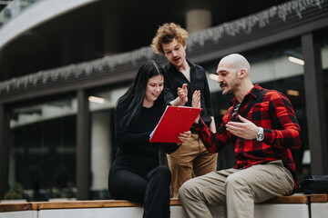 Three young entrepreneurs engage in a lively discussion outdoors with a notepad, exhibiting...