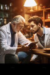 Fototapeta premium male doctor looking at the laptop and showing