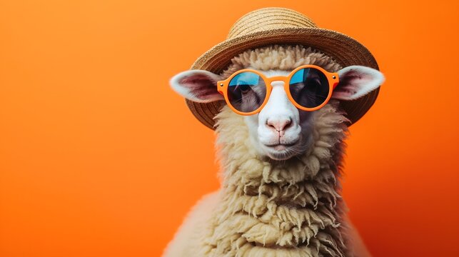 Cooles Schaf mit M&uuml;tze und Sonnenbrille vor orangenem Hintergrund